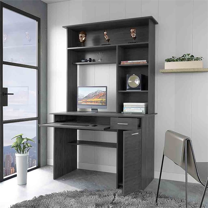 FM FURNITURE Weston Two Computer Desk with Hutch Engineered Wood Smokey Oak