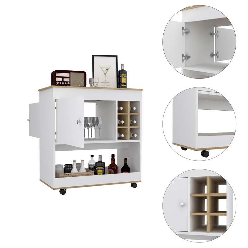 FM FURNITURE Texas 1-Shelf Modern Engineered Wood Bar Cart in Light Oak/White