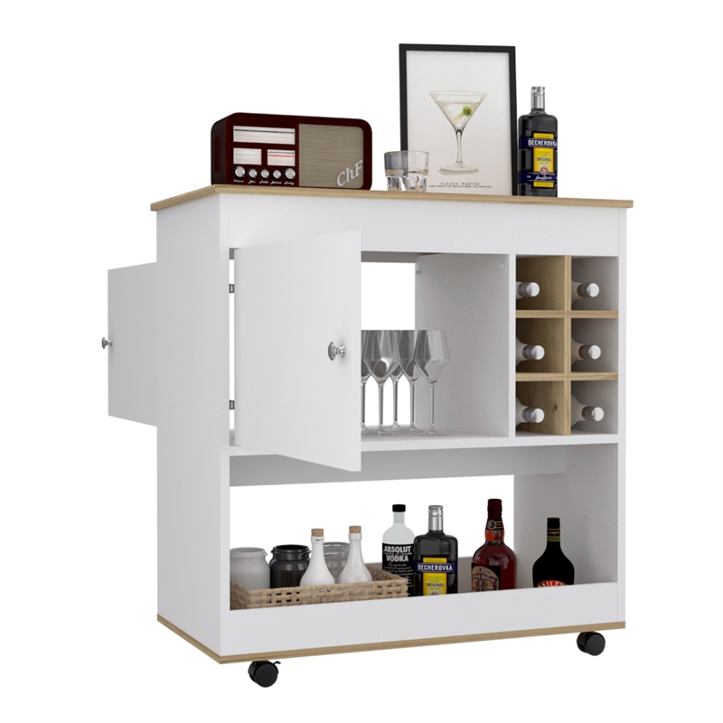 FM FURNITURE Texas 1-Shelf Modern Engineered Wood Bar Cart in Light Oak/White