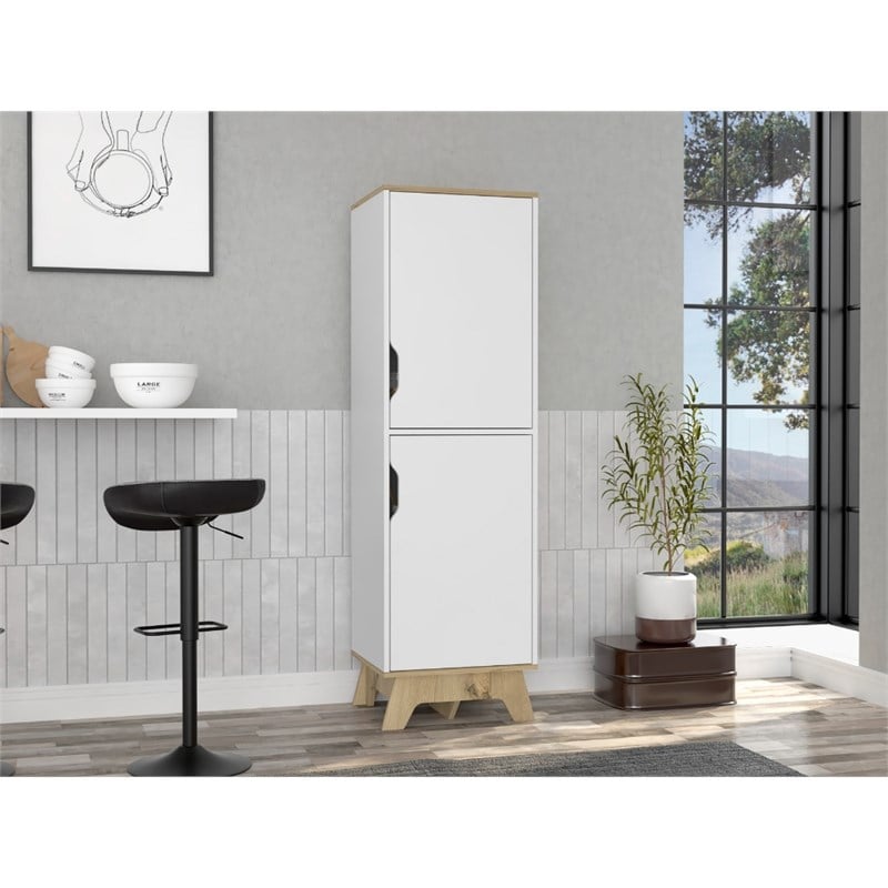FM FURNITURE British 2-Door Modern Engineered Wood Single Pantry in White/Oak