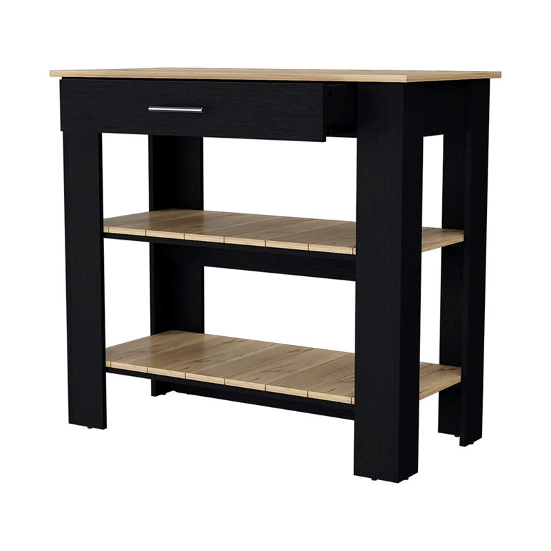 FM FURNITURE Brooklyn 2-Shelf Modern Engineered Wood Kitchen Island in Black/Oak