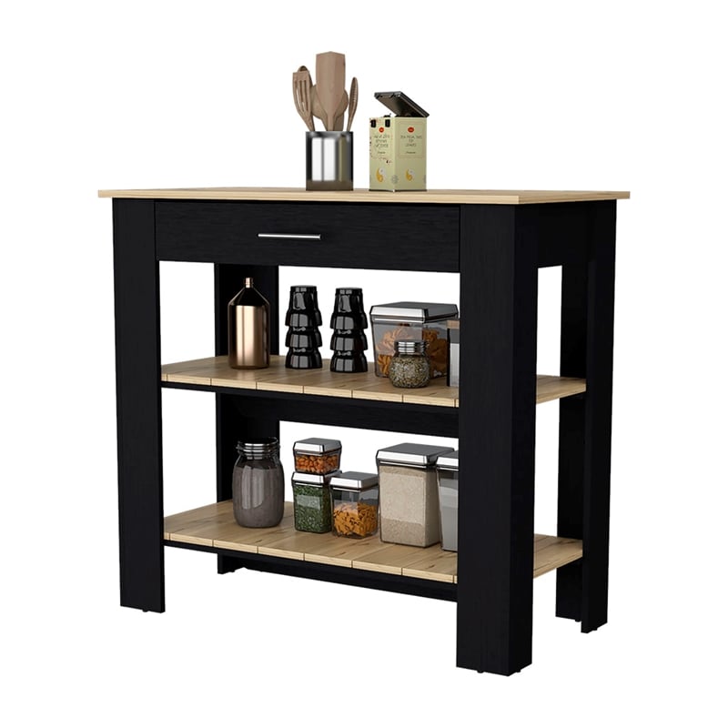 FM FURNITURE Brooklyn 2-Shelf Modern Engineered Wood Kitchen Island in Black/Oak