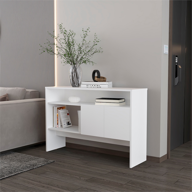 FM FURNITURE Bylas Console Table in melamine with two doors y open storage White