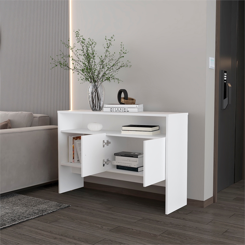 FM FURNITURE Bylas Console Table in melamine with two doors y open storage White