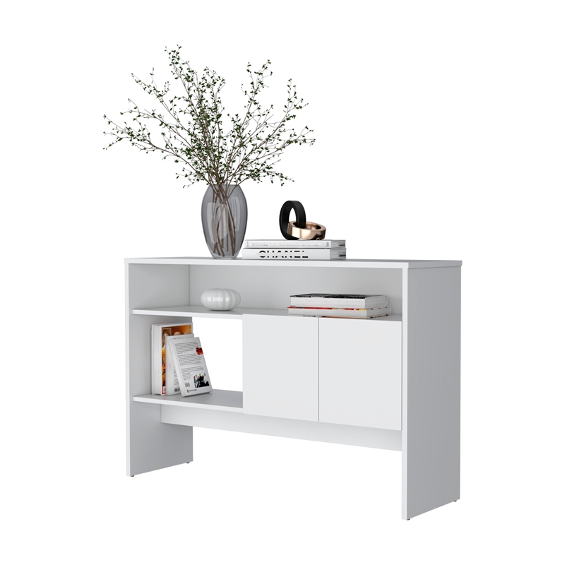 FM FURNITURE Bylas Console Table in melamine with two doors y open storage White