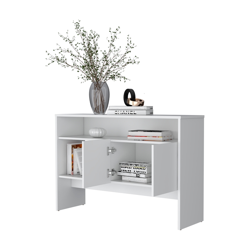 FM FURNITURE Bylas Console Table in melamine with two doors y open storage White