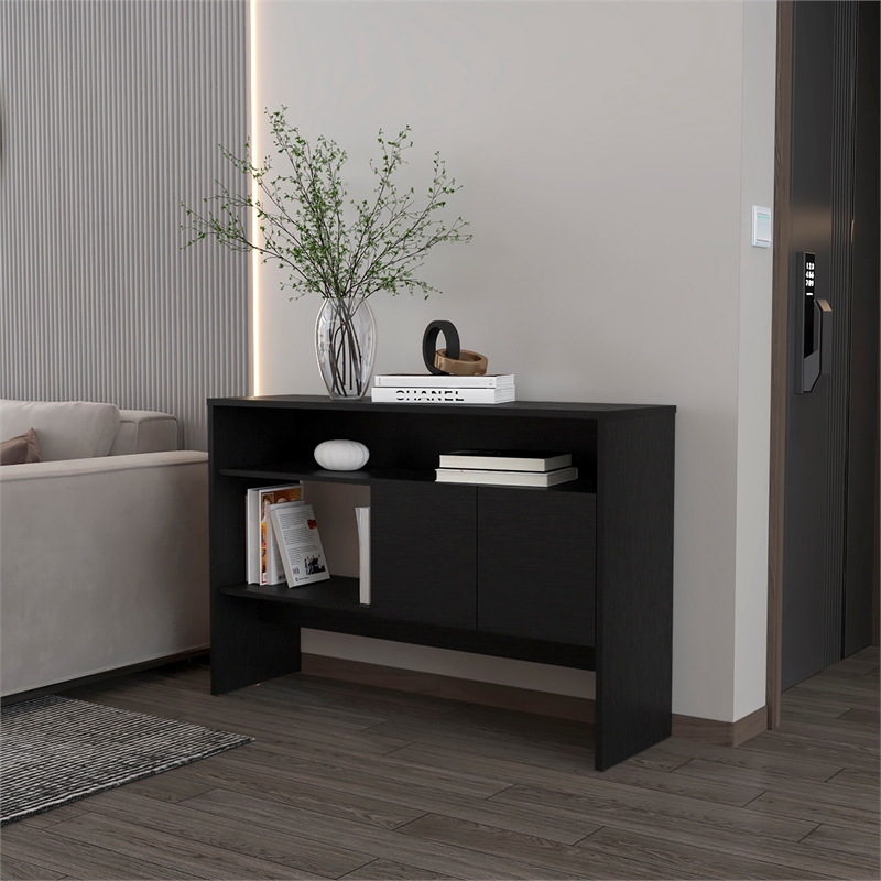 FM FURNITURE Bylas Console Table in melamine with two doors y open storage Black