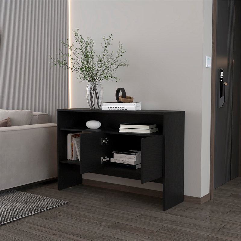 FM FURNITURE Bylas Console Table in melamine with two doors y open storage Black