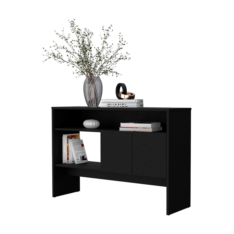 FM FURNITURE Bylas Console Table in melamine with two doors y open storage Black