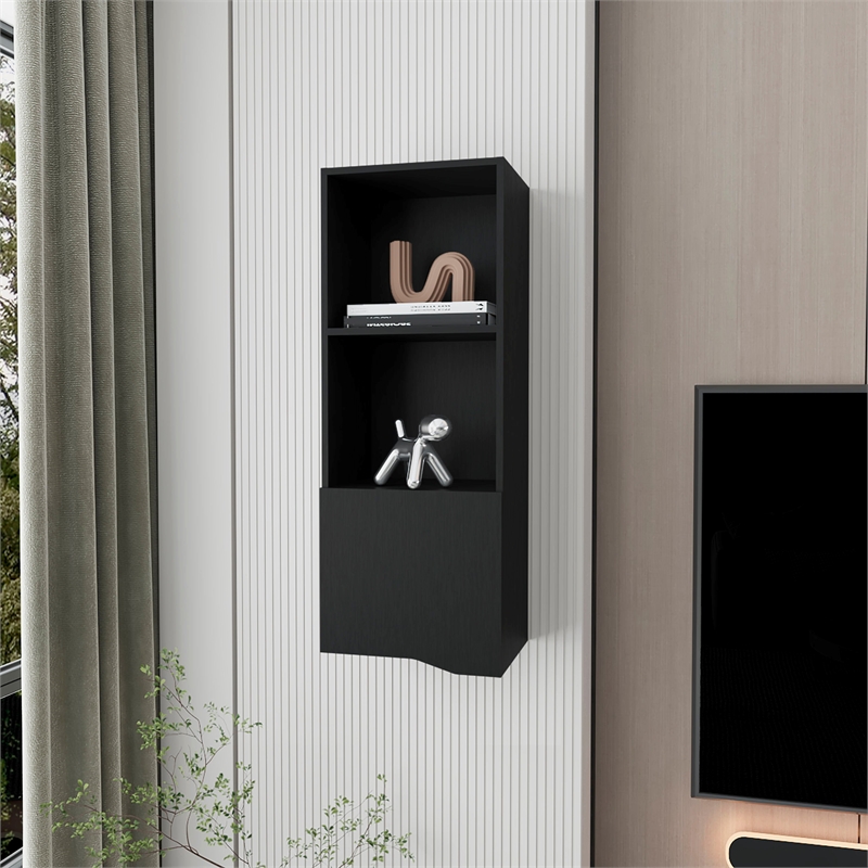 FM FURNITURE Pima Wall Cabinet in melamine with one door Engineered Wood  Black
