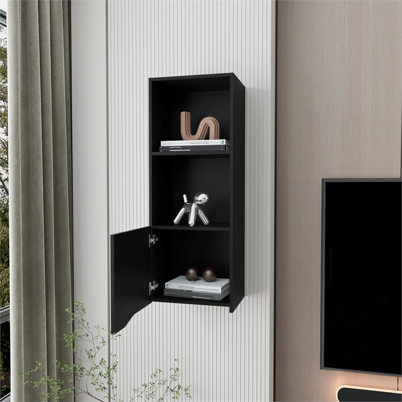 FM FURNITURE Pima Wall Cabinet in melamine with one door Engineered Wood  Black