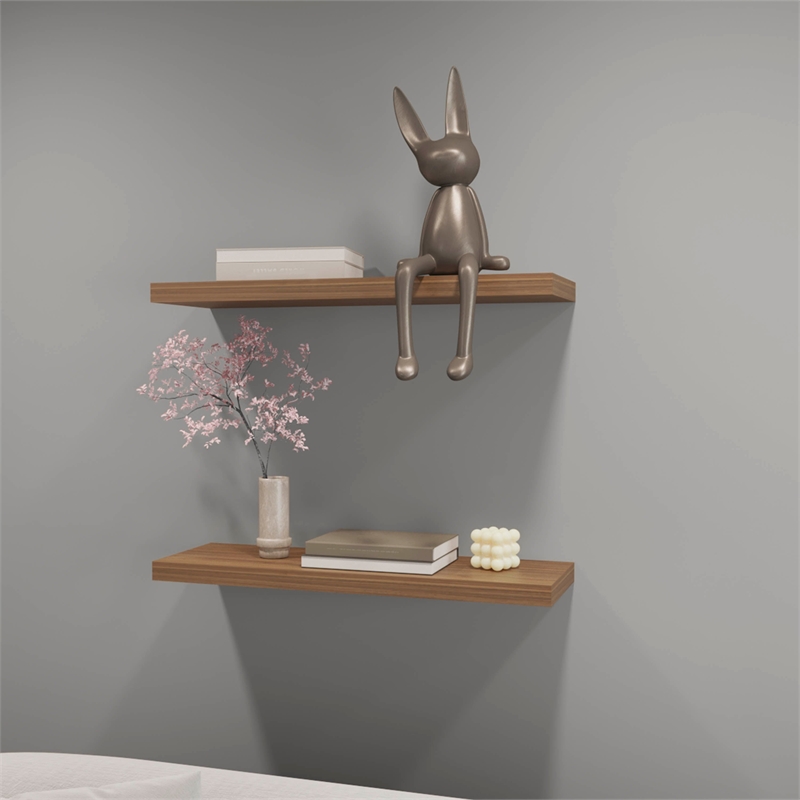 FM FURNITURE Iva Floating Wall Shelf in Melamine Brown (Set of 2)