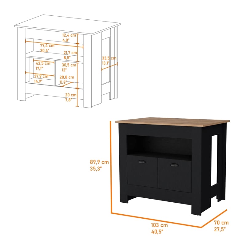 FM FURNITURE Theba Kitchen Island with 2 doors 3 shelves Black Engineered Wood