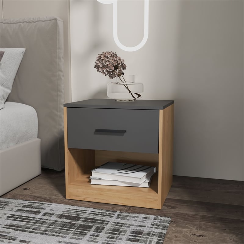 FM FURNITURE Solomon Nightstand with a Drawer Natural Oak and Matt Grey