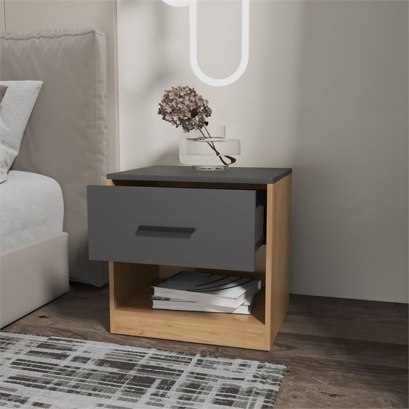 FM FURNITURE Solomon Nightstand with a Drawer Natural Oak and Matt Grey