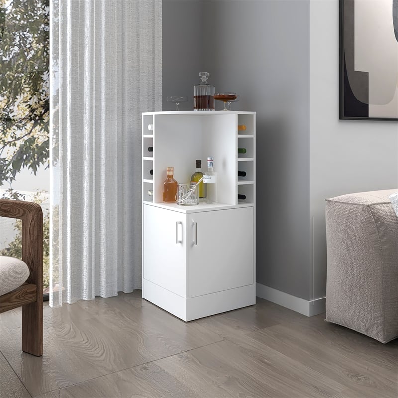 FM FURNITURE Toyei Corner Bar Cabinet with Bottle Rack Engineered Wood White
