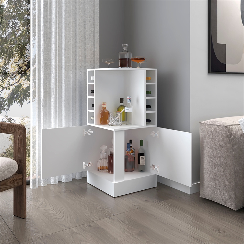 FM FURNITURE Toyei Corner Bar Cabinet with Bottle Rack Engineered Wood White