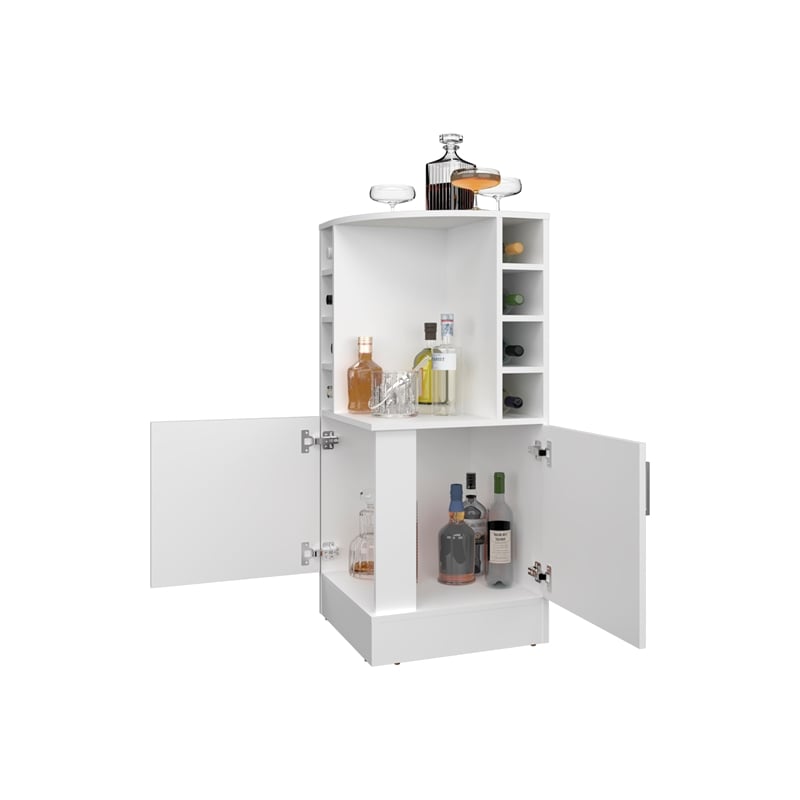 FM FURNITURE Toyei Corner Bar Cabinet with Bottle Rack Engineered Wood White