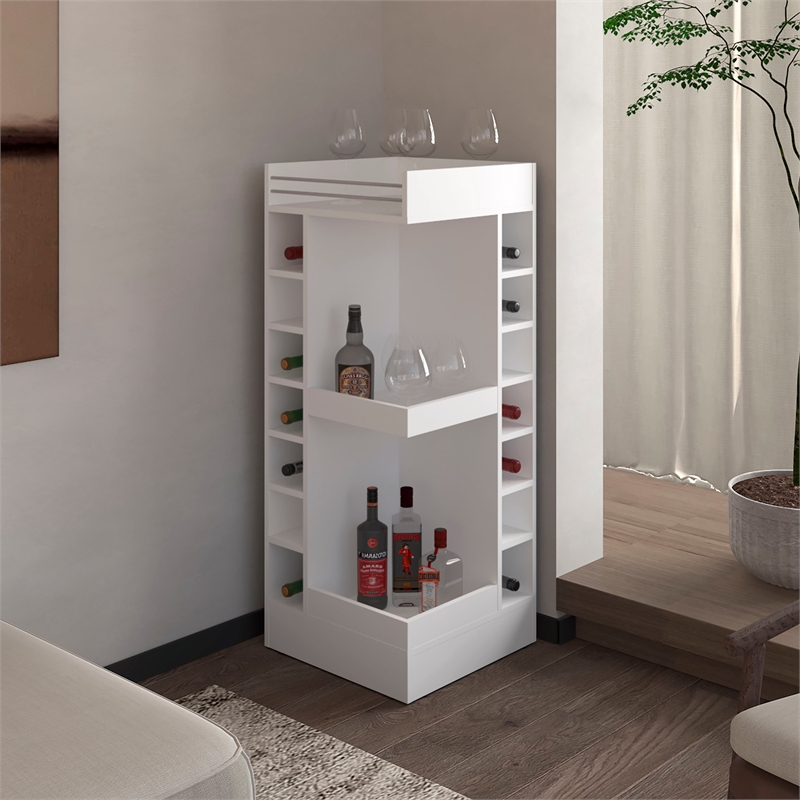 FM FURNITURE Lamer Corner Bar Cabinet with Wine Rack Engineered Wood White