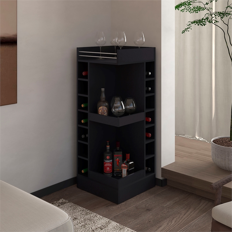 FM FURNITURE Lamer Corner Bar Cabinet with Wine Rack Engineered Wood Black