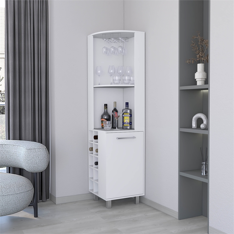 FM FURNITURE Leah corner Bar Cabinet Glass holder Wine White Engineered Wood