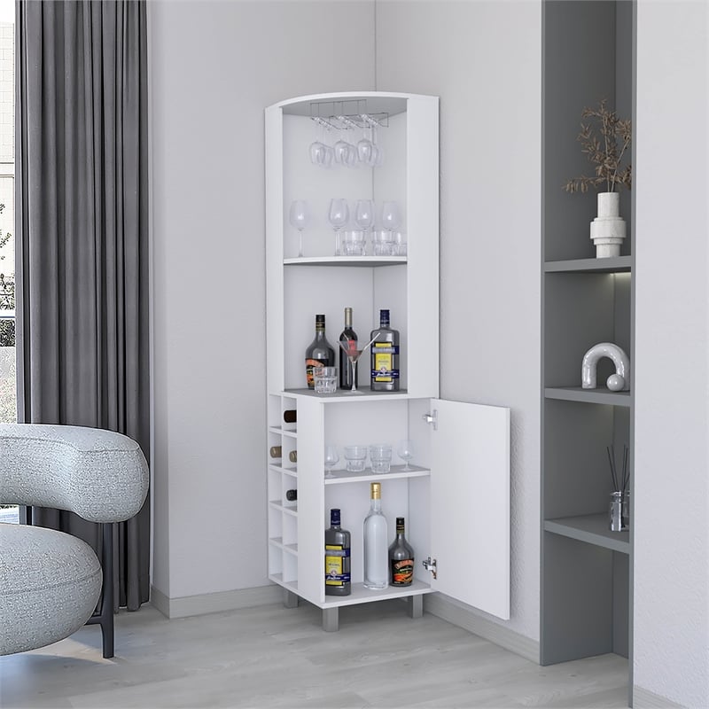 FM FURNITURE Leah corner Bar Cabinet Glass holder Wine White Engineered Wood
