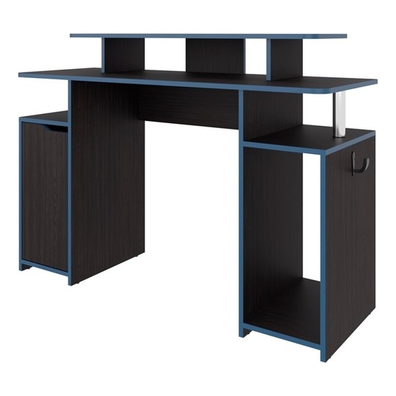 FM FURNITURE Lol Minimalist Gaming Desk with Elevated Monitor Shelf Blue Accents