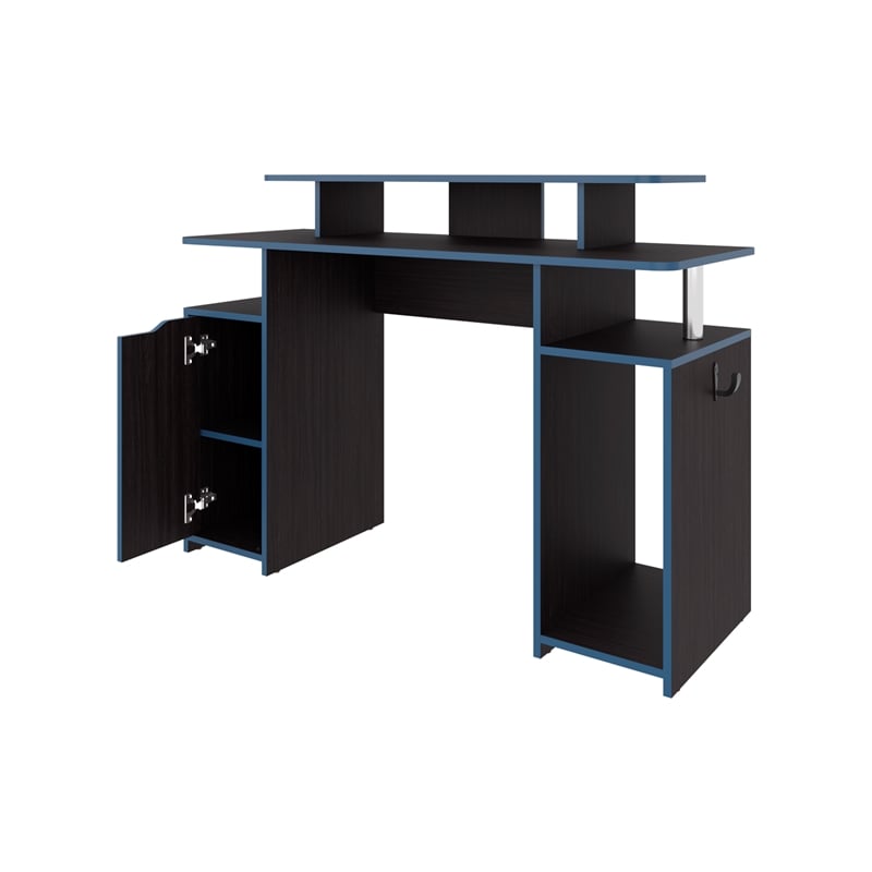 FM FURNITURE Lol Minimalist Gaming Desk with Elevated Monitor Shelf Blue Accents