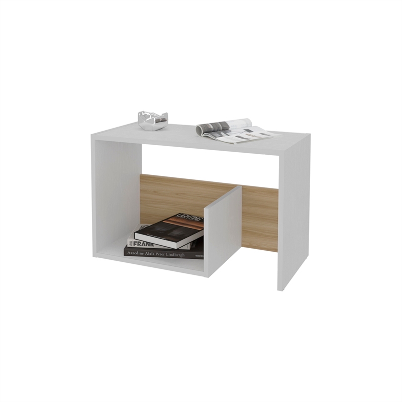 FM FURNITURE Vega Side Table in Melamine with Open Storage White and Light Oak