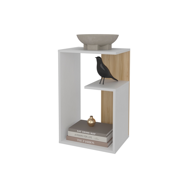 FM FURNITURE Vega Side Table in Melamine with Open Storage White and Light Oak