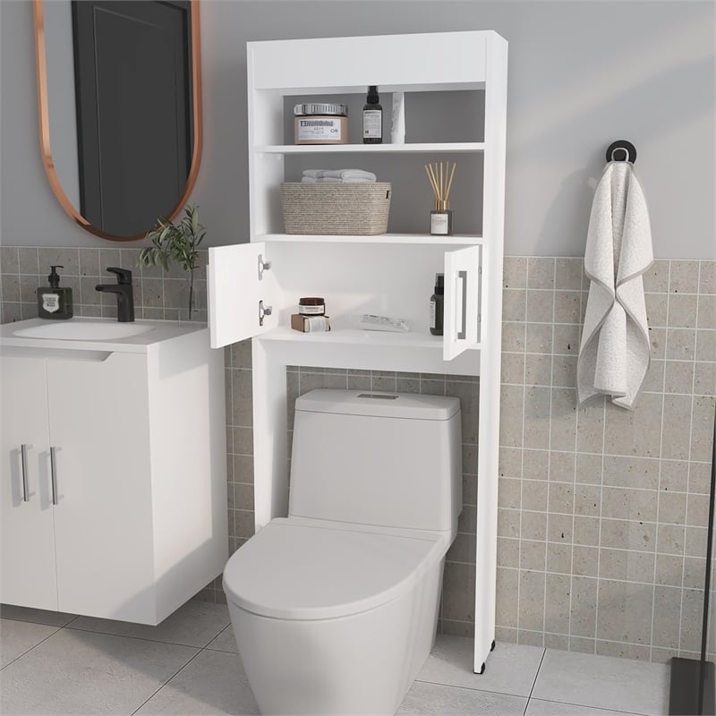 FM FURNITURE Bisbee 2 Doors Over the Toilet Cabinet Shelf White Engineered Wood