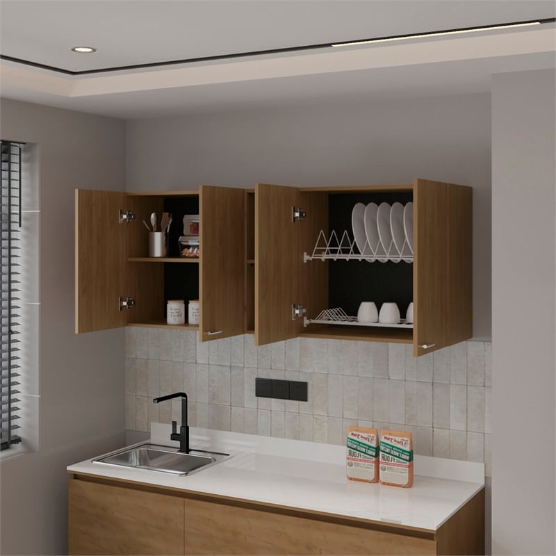 FM FURNITURE Luray Wall Cabinet Four Doors Engineered Wood Natural Oak