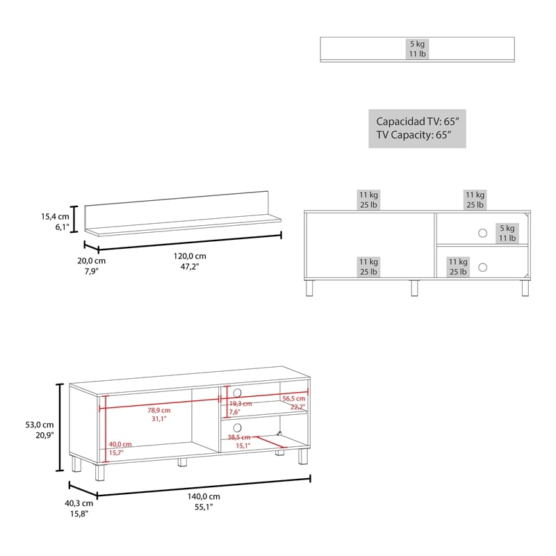 FM FURNITURE Bitter Springs Tv Stand 65 in melamine with pneumatic arms White