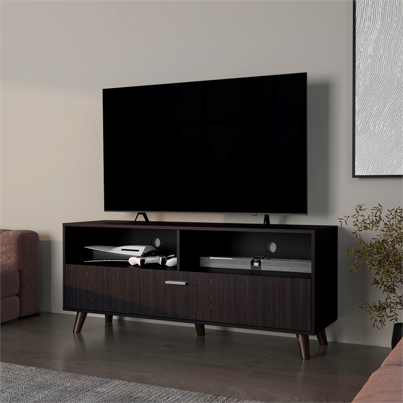 FM FURNITURE Black City Tv Stand 60 with Open Storage and 1 Door Wengue