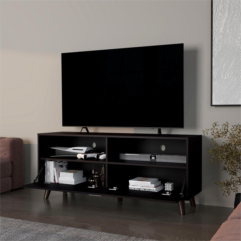 FM FURNITURE Black City Tv Stand 60 with Open Storage and 1 Door Wengue