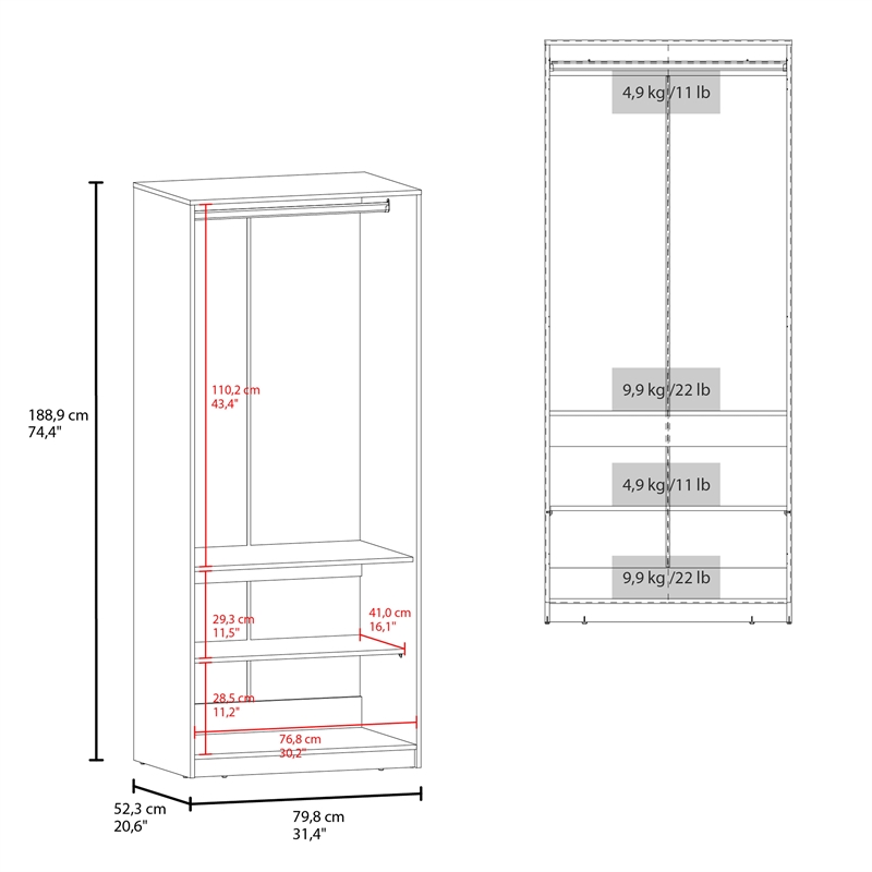 FM FURNITURE Wardrobe Berlin Two Doors Hanging Rod Two Shelves Shoe Rack Wengue