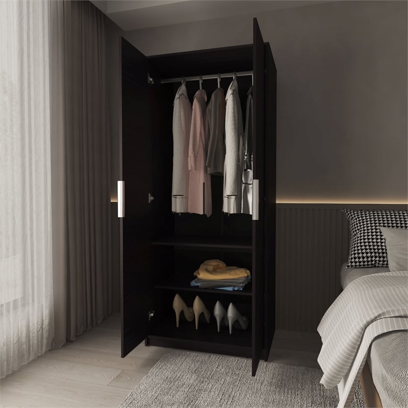 FM FURNITURE Wardrobe Berlin Two Doors Hanging Rod Two Shelves Shoe Rack Wengue