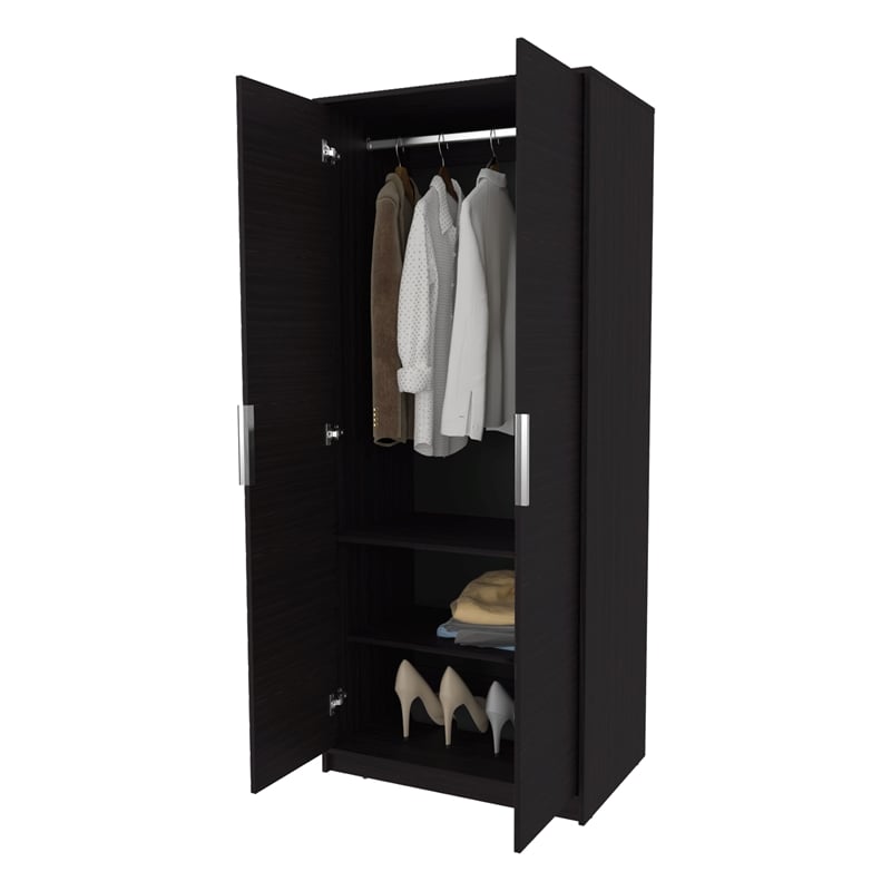 FM FURNITURE Wardrobe Berlin Two Doors Hanging Rod Two Shelves Shoe Rack Wengue