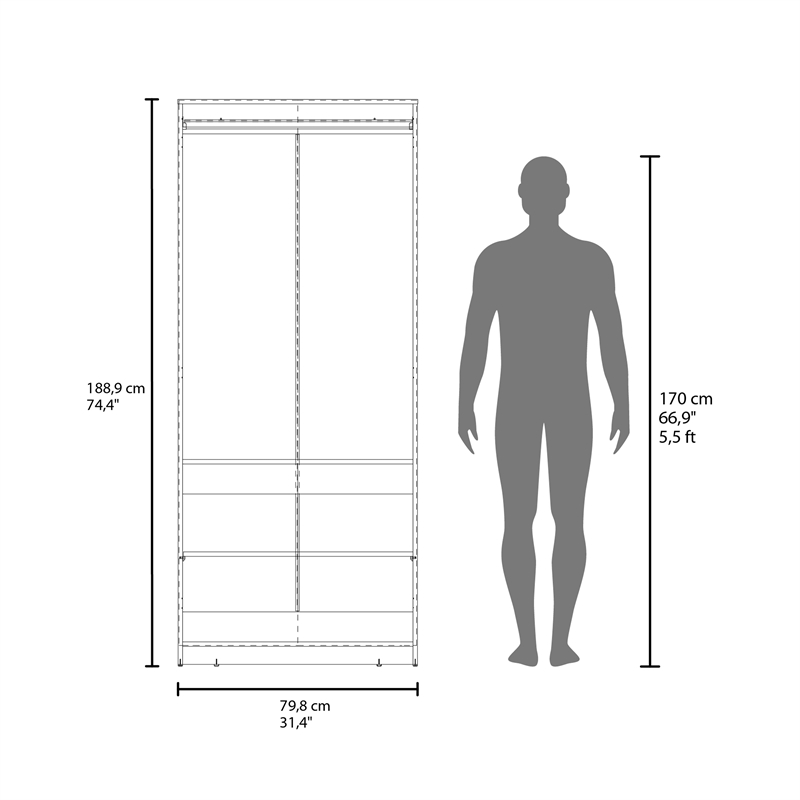 FM FURNITURE Wardrobe Berlin Two Doors Hanging Rod Two Shelves Shoe Rack Wengue