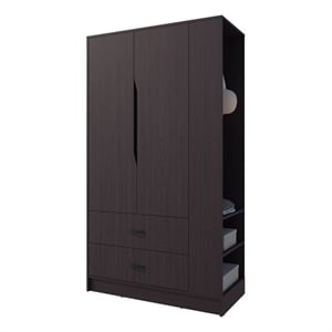 FM FURNITURE Sehili Wardrobe 3 Doors 1 Drawer Side Shelves Hanging Rods Wenge