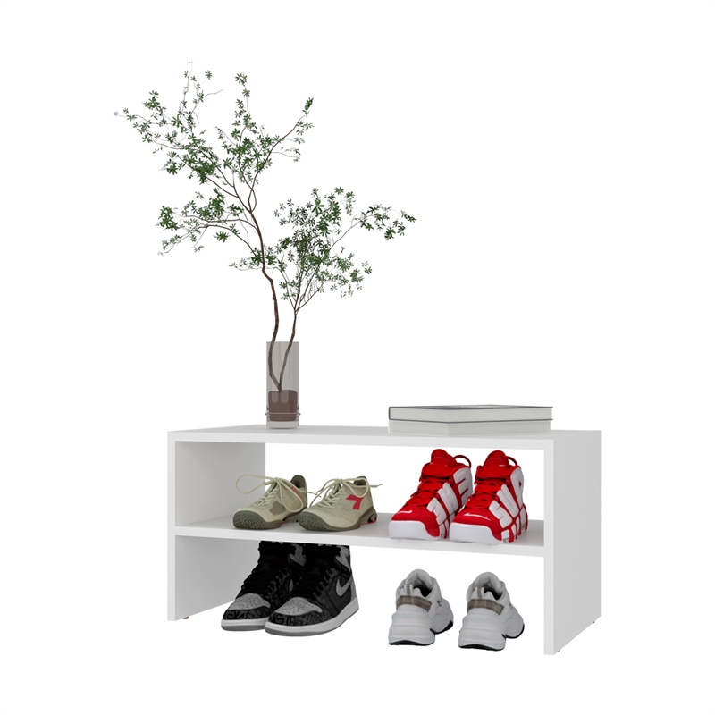 FM FURNITURE Shoe Rack 2 Open Shelves Low Horizontal Design White