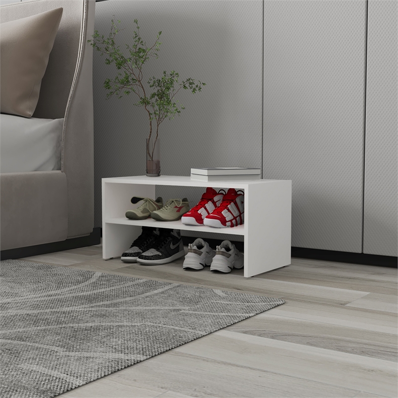 FM FURNITURE Shoe Rack 2 Open Shelves Low Horizontal Design White