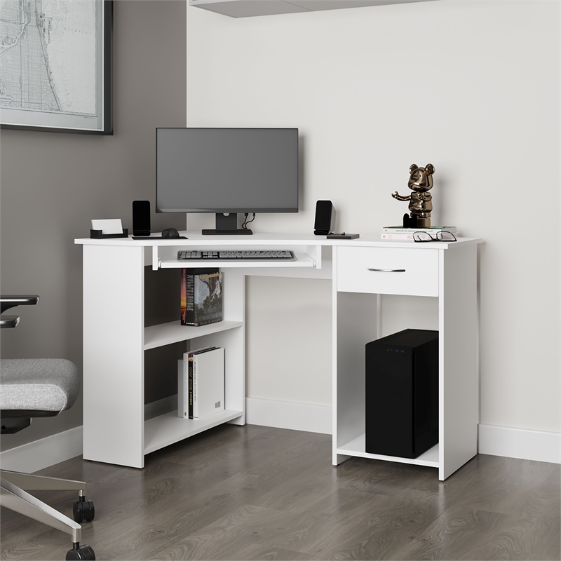EKKO Corner Computer Desk L-Shaped Home Office Desk with CPU Space White