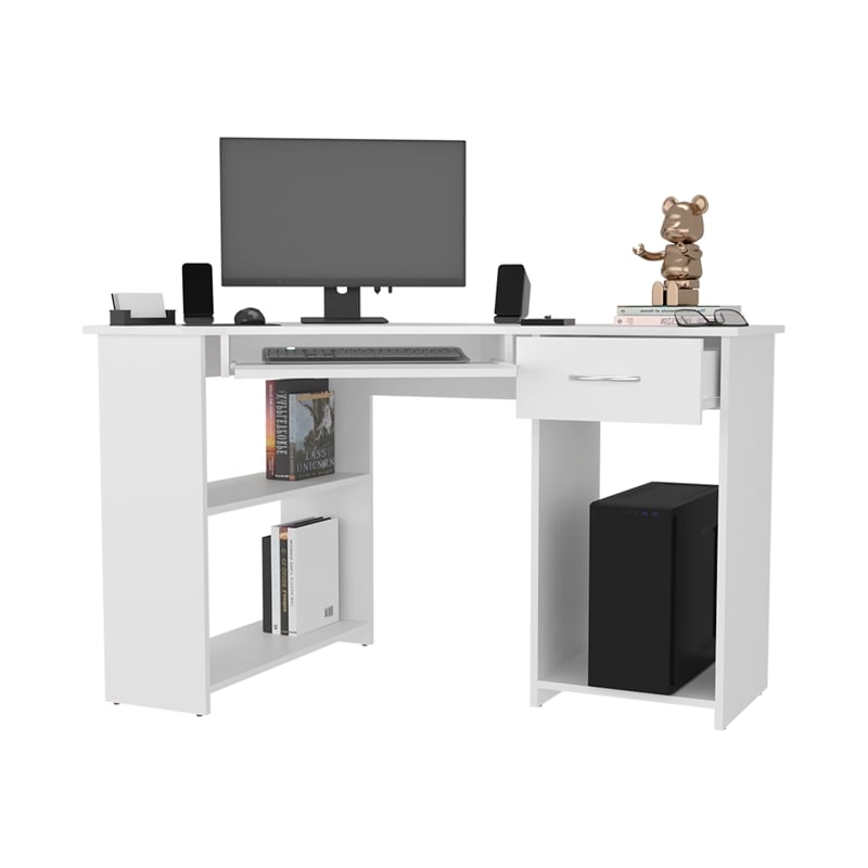 EKKO Corner Computer Desk L-Shaped Home Office Desk with CPU Space White