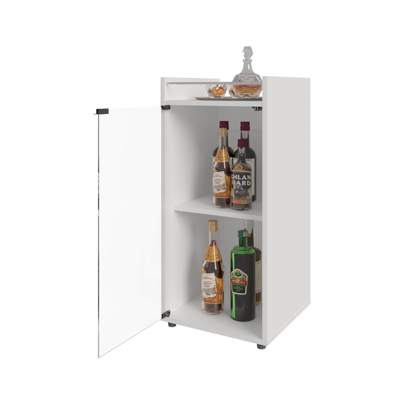 FM FURNITURE Glass Door Bar Cabinet with Shelves White Engineered Wood