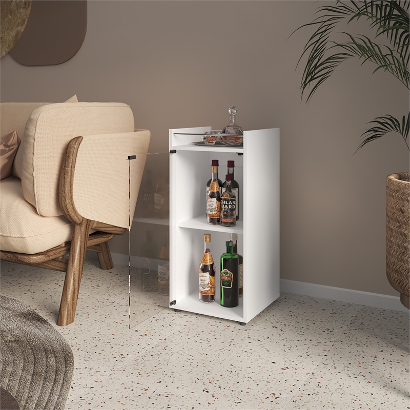 FM FURNITURE Glass Door Bar Cabinet with Shelves White Engineered Wood