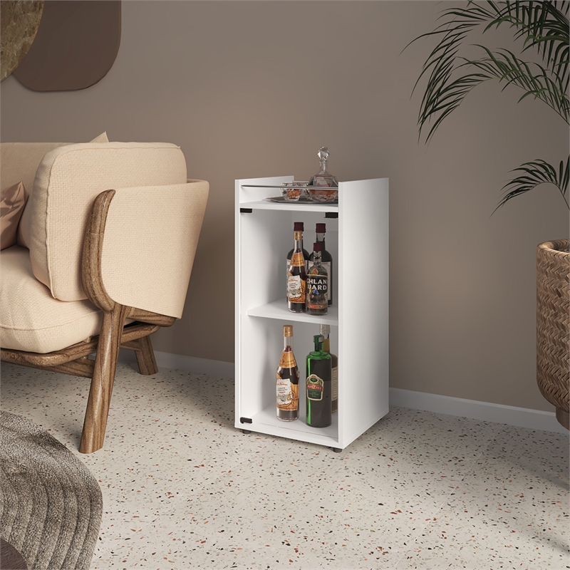 FM FURNITURE Glass Door Bar Cabinet with Shelves White Engineered Wood