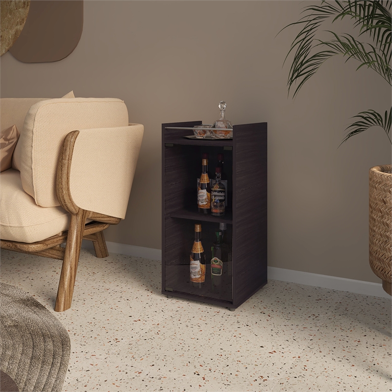 FM FURNITURE Glass Door Bar Cabinet with Shelves Black Engineered Wood