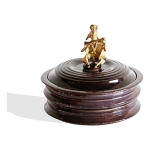 hand carved black bread box with bronze musician figurine handle