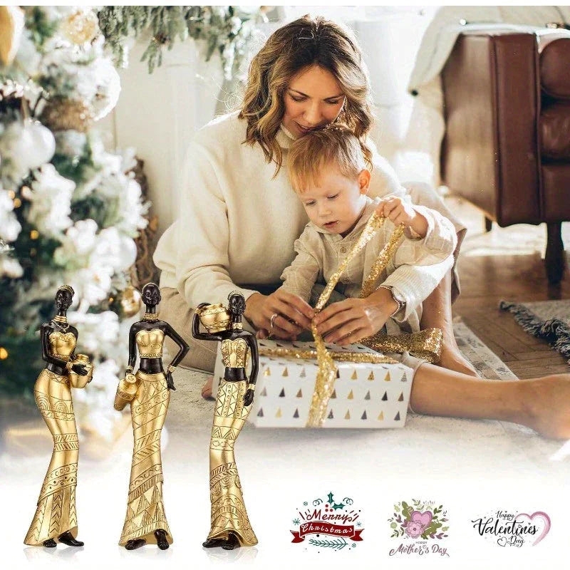 House of Avana Gold Glass 3pcs Vintage African Sculptures Elegant Decor